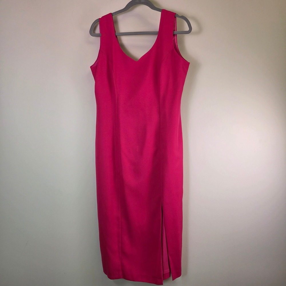 Zeeba New York Hot Pink Sleeveless V-Neck Sheath Midi Dress Front Slit Womens 14
